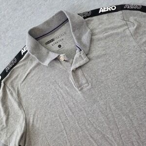 Aeropostale Mens Stretch Polo Shirt Gray Branded AERO Logo Tape Sleeve Large